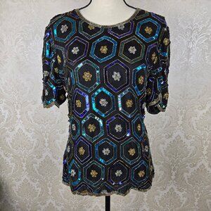 Royal Feelings Size Med Black Silk Top Sequin Hexagons Beaded Details Vintage